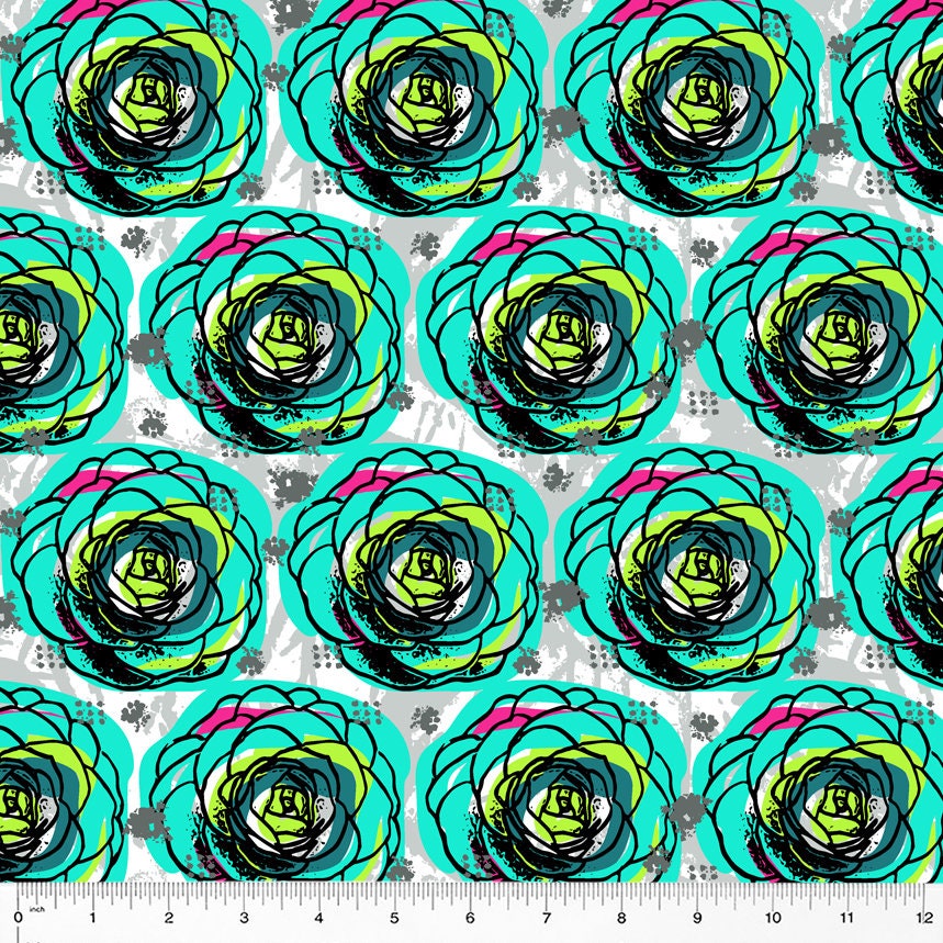 OUR HOUSE fabrics by Natalie Barnes Windham Fabrics Camellia bowl print in Turquoise Sold by the half yard OEKO Tex Quilting Cotton