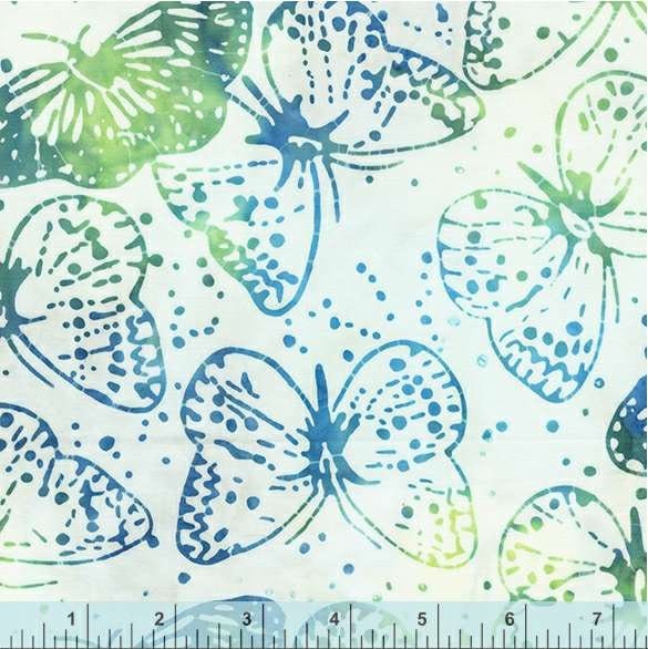White Blue and Green multi color Bali Butterflies Pattern - BTHY - Anthology Fabrics Island Garden - 100 percent premium cotton Batik