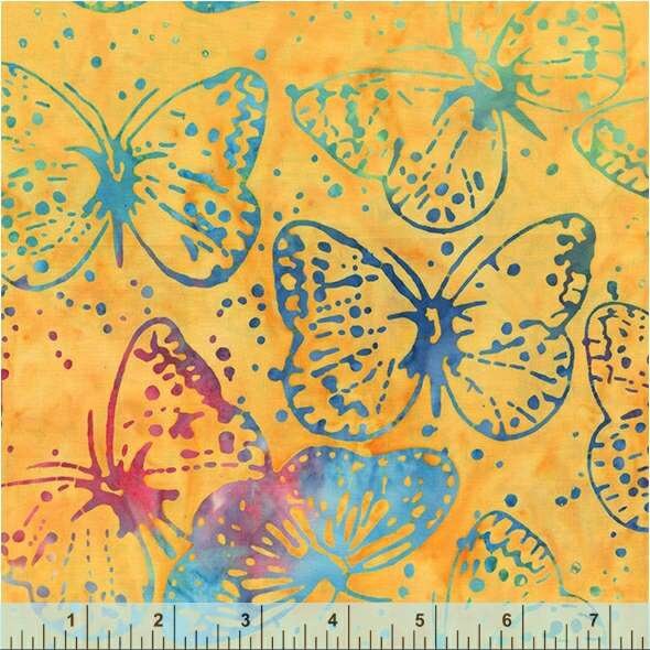 Yellow and Blue Marigold multi color Bali Butterflies Pattern - BTHY - Anthology Fabrics Island Garden - 100 percent premium cotton Batik