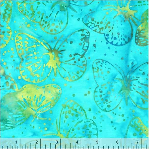 Peacock Color Green and Blue Bali Butterflies Pattern - BTHY - Anthology Fabrics Island Garden - 100 percent premium cotton Batik