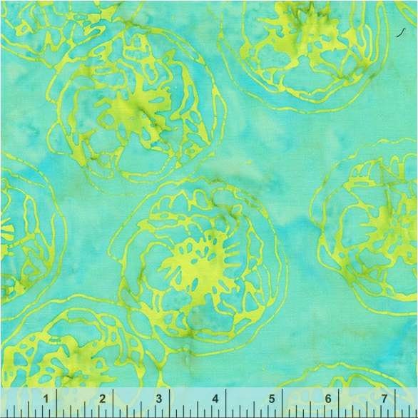 Peacock Color Green and Blue Poppy Bloom Pattern - BTHY - Anthology Fabrics Island Garden - 100 percent premium cotton Batik