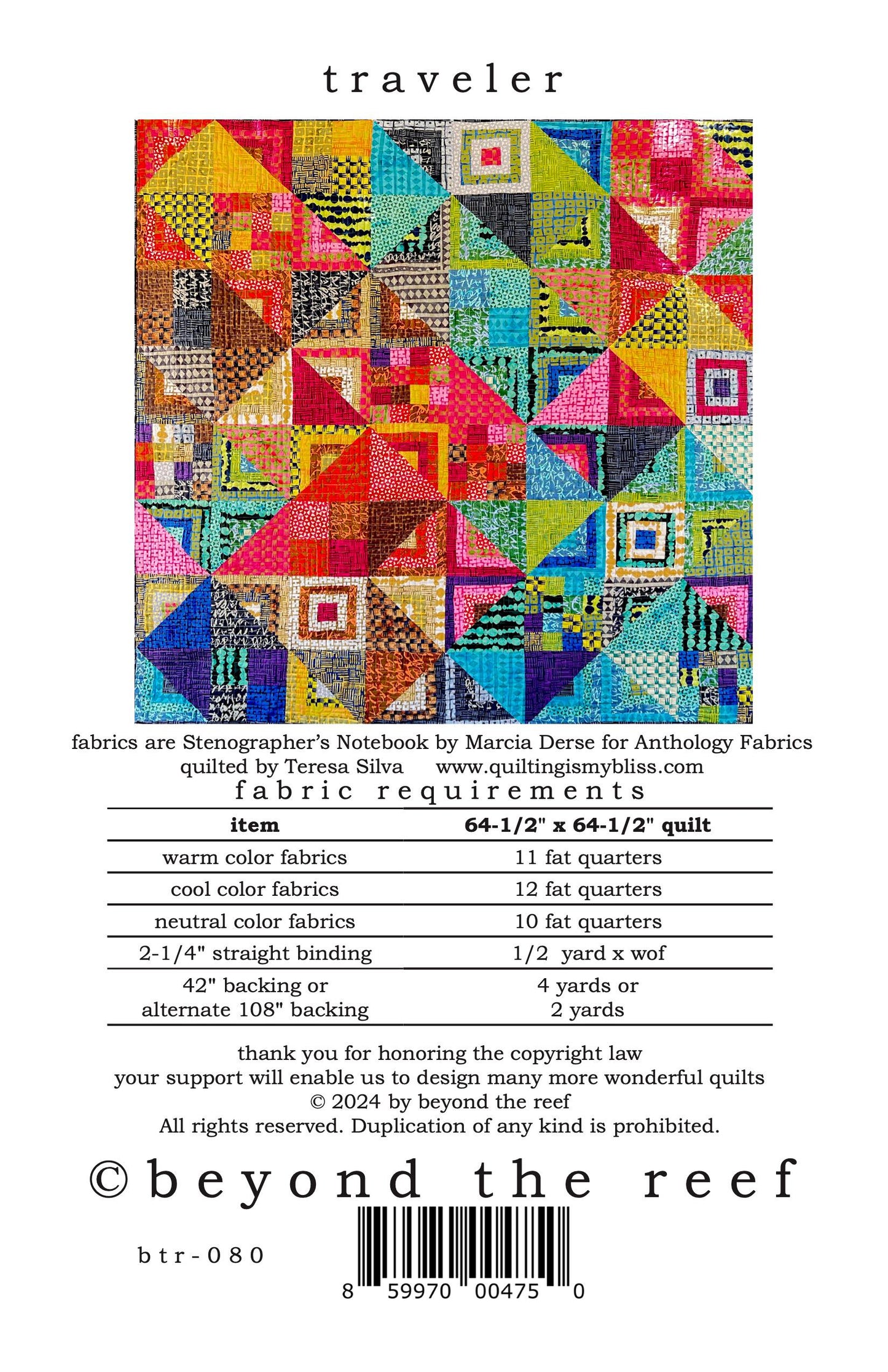 TRAVELER quilt pattern in MARCIA DERSE Stenographers Notebook Anthology Batik Fabric Paper Pattern
