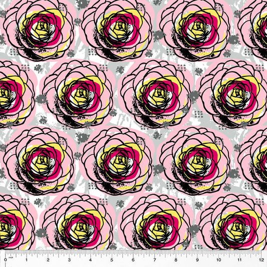 OUR HOUSE fabrics by Natalie Barnes Windham Fabrics Camellia bowl print in Pink Sold by the half yard OEKO Tex Quilting Cotton