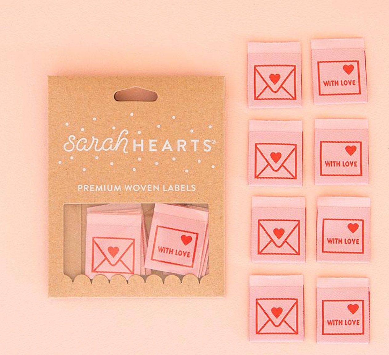 3 packages of Sarah Hearts Sew in Labels Made by Me and Thanks I Made It and Love Envelopes Eight 8 per package