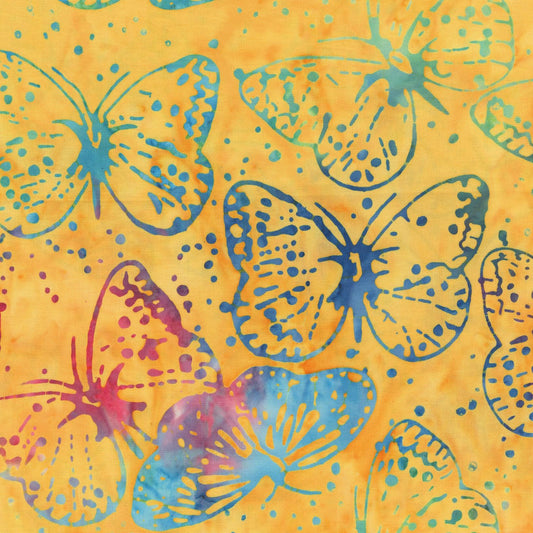 Yellow and Blue Marigold multi color Bali Butterflies Pattern - BTHY - Anthology Fabrics Island Garden - 100 percent premium cotton Batik