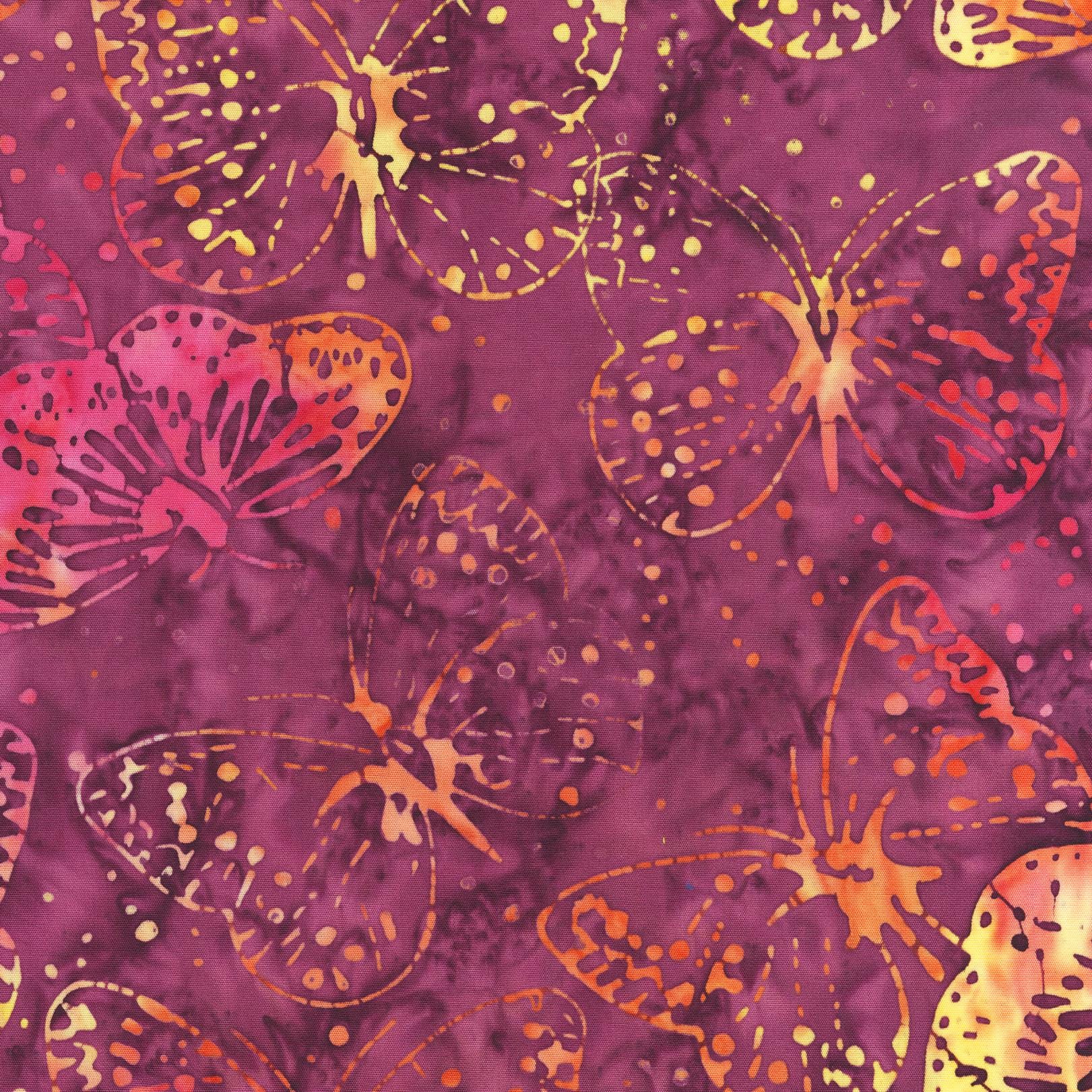 Magenta Pink and Gold multi color Bali Butterflies Pattern - BTHY - Anthology Fabrics Island Garden - 100 percent premium cotton Batik