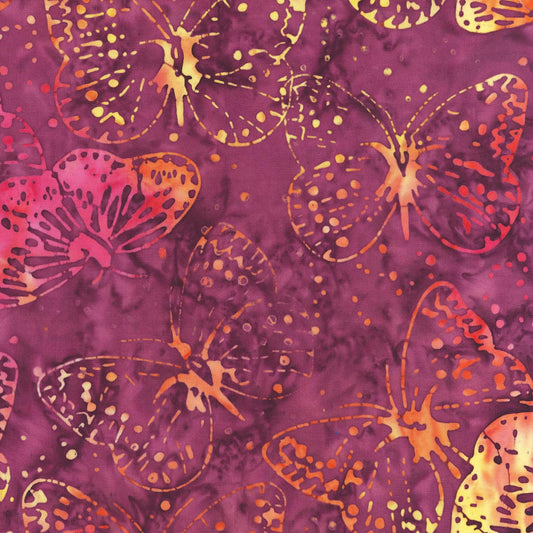 Magenta Pink and Gold multi color Bali Butterflies Pattern - BTHY - Anthology Fabrics Island Garden - 100 percent premium cotton Batik