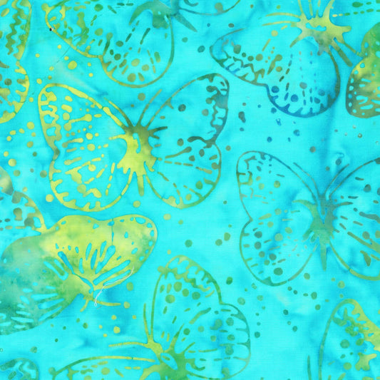 Peacock Color Green and Blue Bali Butterflies Pattern - BTHY - Anthology Fabrics Island Garden - 100 percent premium cotton Batik