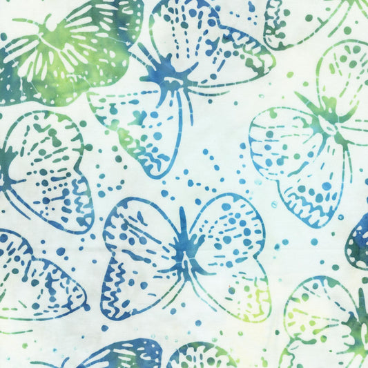White Blue and Green multi color Bali Butterflies Pattern - BTHY - Anthology Fabrics Island Garden - 100 percent premium cotton Batik