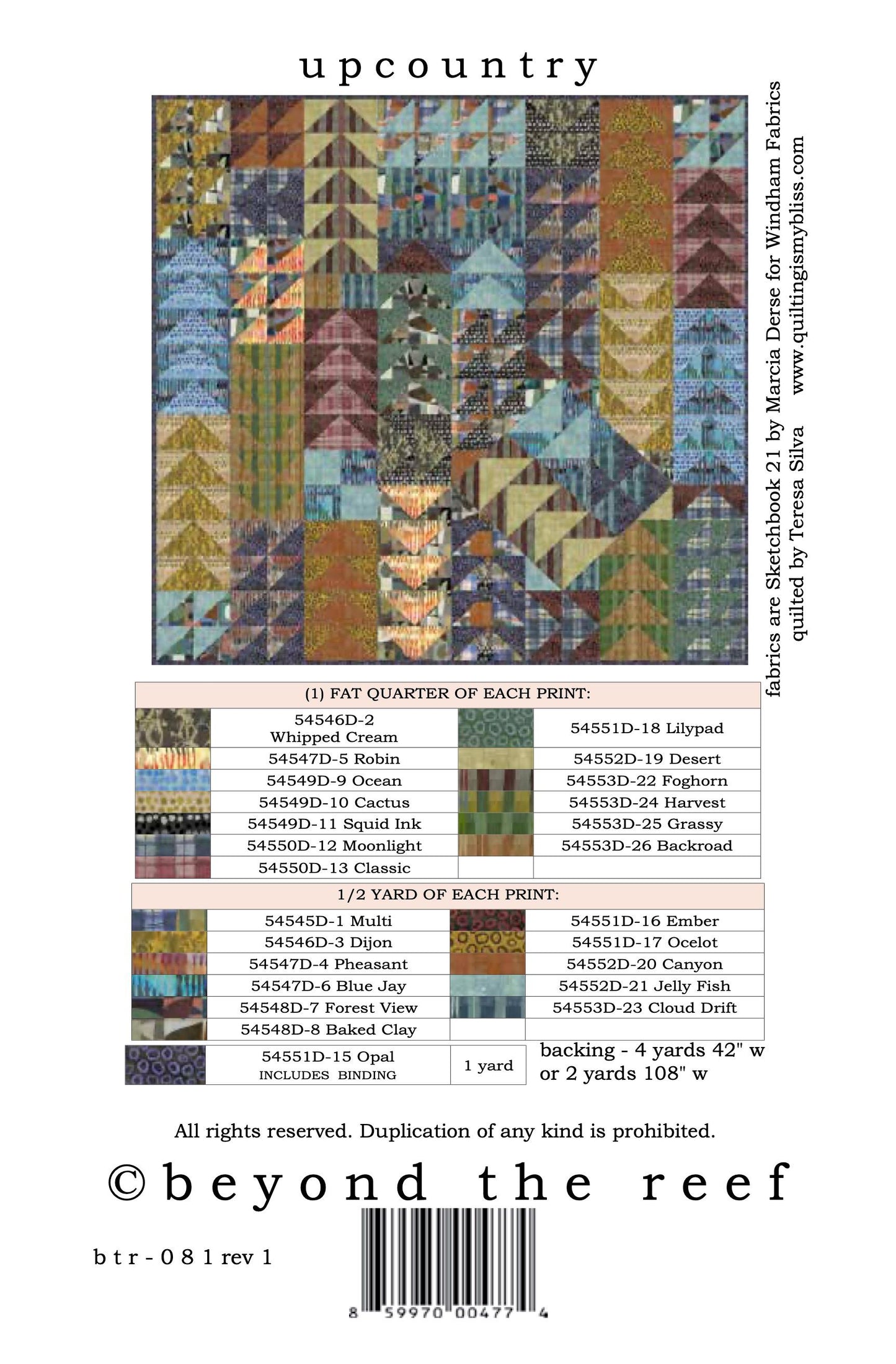 UPCOUNTRY quilt pattern by Natalie Barnes shows Marcia Derse quilting cottons